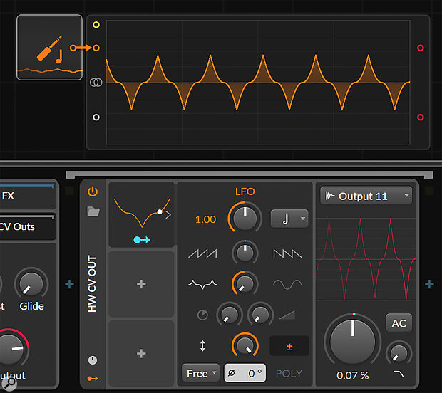 An LFO‑modulated control voltage comes out of Bitwig Studio, through a patch cable and back into an oscilloscope.