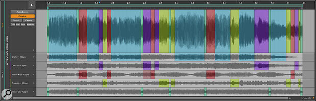 Bitwig Studio 4: The comping view of a clip, with multiple take lanes.