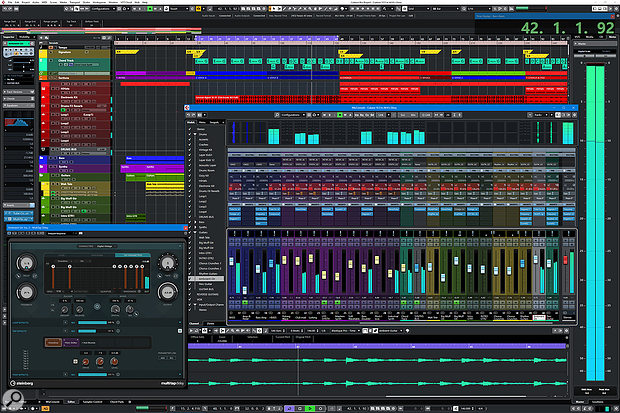 Cubase Pro 10.5 in all its glory. Note the new MultiTap Delay effect included with the Pro and Artist editions, and the coloured channel strips in the mixer.