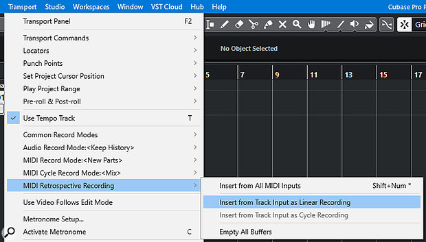 The new MIDI Retrospective Record commands can be accessed from a  Transport submenu, or a  new menu from the Basic Settings section in the inspector.