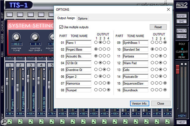 You can assign any TTS‑1 instrument to one of four individual outputs.