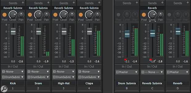 Screen 1: This setup pulls back on the drum track effects send levels when you reduce the drum submix level.