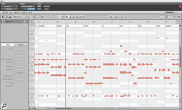 Here, I've analysed the chords of a ukulele track and engaged Chord Snap. Note how the 'permitted' white notes vary with the chords; note too Melodyne's rather exotic names for some chords — the one labelled F#o/C, for example, would probably be better described as a D7.