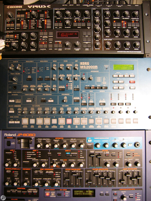 An Access Virus C, Korg MS2000R and the trusty Roland JP‑8080, the first patch of which gave ‘Sandstorm’ its name.