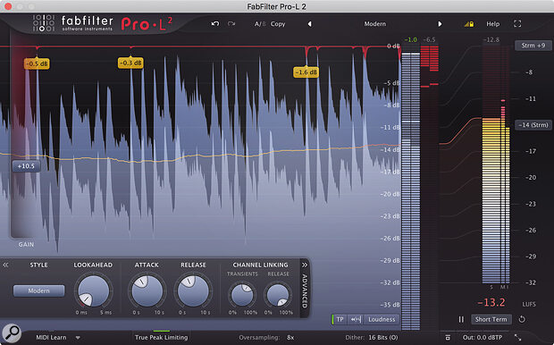 A peak limiter such as FabFilter’s Pro‑L 2 is a specialised kind of dynamics processor optimised to work with very fast attack and release times and very high ratios, in order to prevent any peaks exceeding a fixed ‘ceiling’ level.