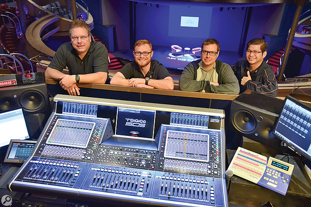 From left: Nautilus Entertainment Design's system designer Alan Edwards, Holland America FOH engineer Daniel Rasmus, Holland America audio manager Andrew Gautreau, and stage manager Jerald Millena.