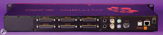 Apart from the headphone output on the front and the two quarter–inch jack monitor outputs, all of the uTrack 24’s I/O are presented on eight–channel D–Sub sockets.