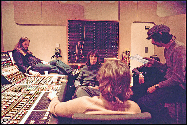 Pink Floyd in the control room of Abbey Road’s Studio 3 with Brian Humhpries (back to camera), during the Wish You Were Here sessions, 1975.