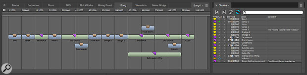 Screen 2: A piece of music can be built by dragging component Sequences and Songs from the Chunks list (right) into the Song window (left). Sequence Chunks are shown in blue; Song Chunks are green. The Song window timeline is not linear: instead, columns are prescribed by each Chunk’s start and end times. In this simple example, most chunks are two, four, eight or 16 bars long, except the ‘Extra perc/riffing’ Song Chunk, which is 32 bars. To rearrange the composition, simply drag the Chunks, or Option‑drag to duplicate a chunk.