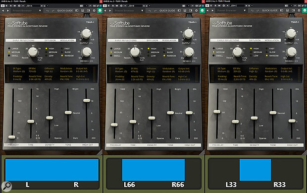 Three instances of Softube’s TSAR reverb configured for close, mid and far distance settings. You can use almost any algorithmic reverb for similar purposes.