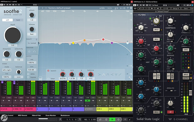The realism of the three‑reverb setup can be enhanced by gently compressing the output and smoothing out any resonances with a plug‑in like Oeksound’s Soothe 2.