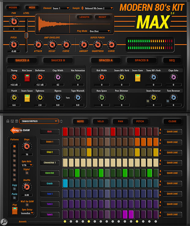 Modern 80s Kit MAX V2’s main page (shown here in the top panel) provides plenty of sound design options, while the Sequencer page (bottom panel) offers a very effective pattern sequencing environment.