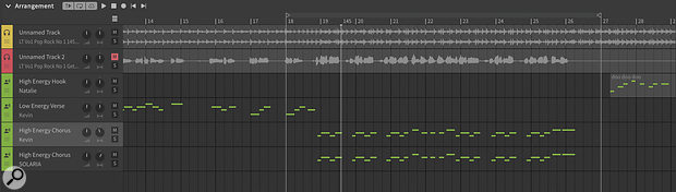 The Arrange panel lets you organise your various voice and audio tracks, see an overview of the current project and configure time signature and tempo information.