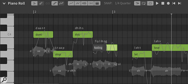 Clicking on a note within the Piano Roll allows you to enter lyrics for your selected vocalist (voice database) to sing.