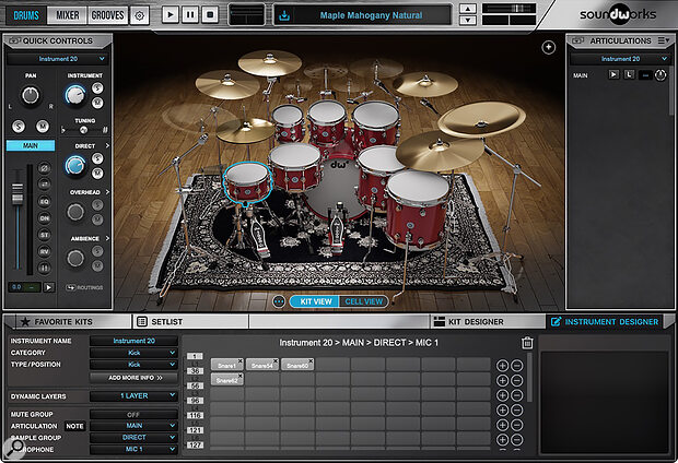 The Instrument Designer allows you to add your own kit elements, with up to eight round‑robin samples, 19 dynamic layers, 29 articulations and five microphone sources for each of the three mic groups.