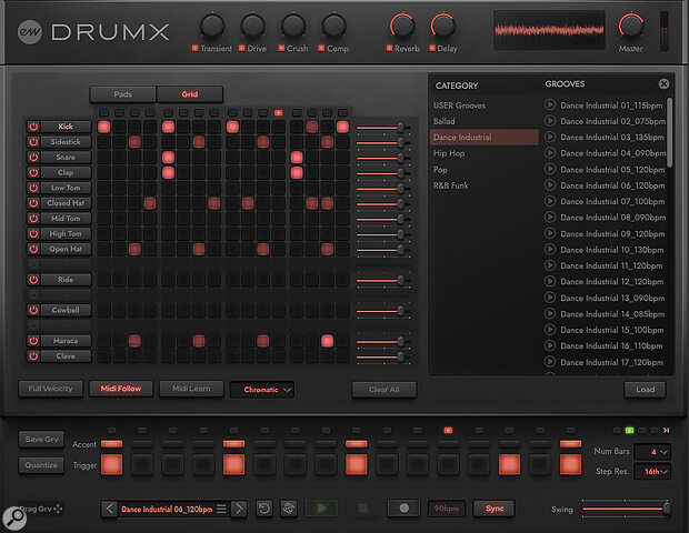 DrumX includes an effective step sequencer and ships with a well‑stocked library of grooves created by Jimmy Jam.
