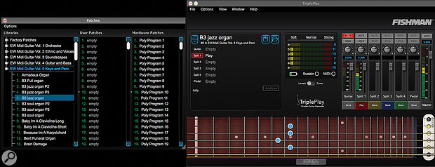 Fishman’s TriplePlay software provides configuration options for the pickup, the ability to host multiple virtual instrument plug-ins and, for the MIDI Guitar Instrument Series, a dedicated browser for preset loading.