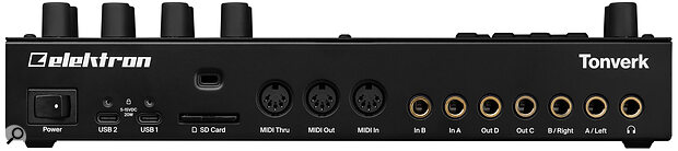 Round the back we find a power switch, twin USB‑C ports, an SD card slot, MIDI in, out and thru sockets, and two inputs, four outputs and a headphone out on quarter‑inch jacks.