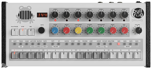 Measuring 405 x 185 x 60mm and weighing 2.7kg, the Bullfrog Drums is officially a ‘bantam weight’ drum machine. OK, I’ve just made that up, but it’s not too big and not too small, and the front‑panel mic is hidden in the ‘O’ of the Bullfrog logo, which is pretty neat.