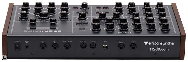 On the back panel we find a power switch, quarter‑inch stereo outs and headphone out, MIDI I/O ports, a USB‑B port and quarter‑inch sockets for a sustain pedal and audio input.