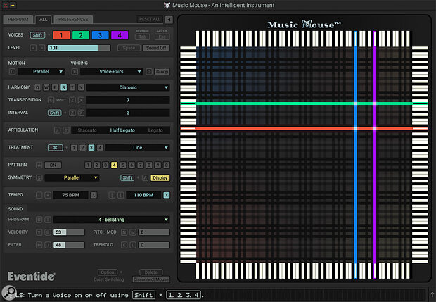 A typical playing scenario in Music Mouse, using its built in sound generator. The four brightly coloured lines tally up with four MIDI pitches. All aspects of harmony, voicing, articulation and more are set to the left, and can be controlled in real time. The various bitmap graphics and the tips from ‘LS’ that appear at lower left are a nice, cute touch.