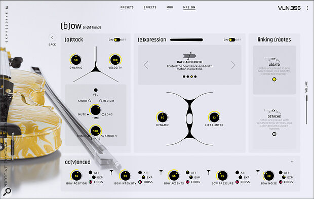 The busy bowing parameters page, a click away from the main interface. There is a lot of flexibility here, to change both the fixed behaviour of the physical model and the way it responds to control inputs from your controller.