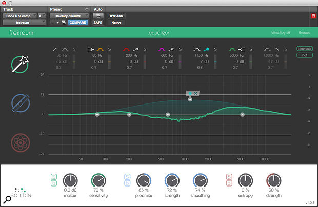 As I  drag the smart ‘EQ band’ around, the jagged line shows the actual correction being applied: note that a  smart ‘boost’ in this case is actually applying a  cut in the mid range. On most sources, the smart curve is much more subtle than in this screenshot.