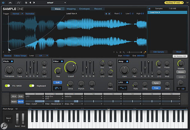 The Sample One sampler has had a major overhaul and has gained new modulation options and more hands‑on control over fades and crossfades.