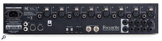 The 8PreX's rear panel is more spacious than the 8Pre’s and adds additional optical ports and a word-clock input. You can connect to both the XLR and TRS inputs simultaneously and select which one you'd like to record from in 'Device Settings' in Focusrite Control.