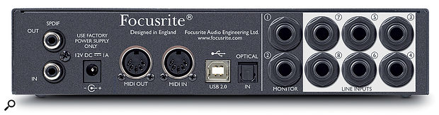 The Scarlett 18i6's rear panel features S/PDIF I/O, an input for a 12V power supply, MIDI I/O, a USB 2 port, an ADAT input, and two outputs and six inputs on quarter-inch jacks.