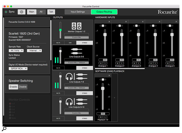 Enabling speaker switching in Focusrite Control causes line outputs 3–4 to disappear from the Output Routing page: these now mirror outputs 1–2 and are selected with the Alt button. In this screenshot, talkback is active, and outputs 5–6 have been selected as a  destination for the talkback mic.