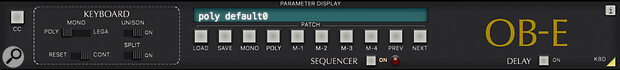 The keyboard mode and patch management controls lie directly above the keyboard, together with automatable on/off switches for the sequencer and delay, and access to MIDI Learn, the sequencer and the delay.