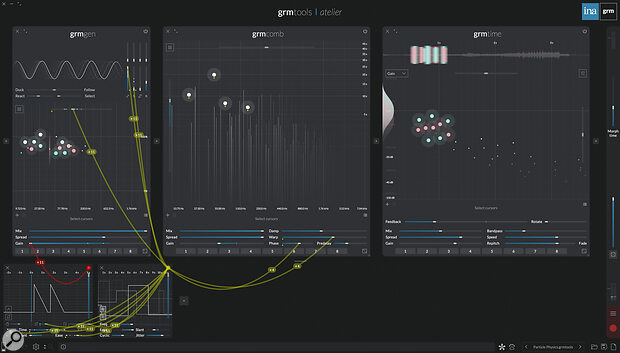 Despite first appearances, there is simplicity in the UI. This patch is 11 oscillators, going through four comb filters, then into a cluster of 10 delay taps.