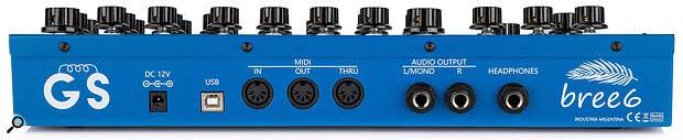 The Bree6 may be small, but it still packs full‑size MIDI in, out and thru sockets, not to mention a USB port for MIDI (and MPE), and stereo audio and headphone outs on quarter‑inch jack sockets.
