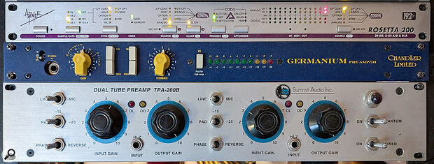 Sacha’s small but mighty equipment rack is home to (from top) an Apogee Rosetta 200 converter, Chandler Germanium Preamp and Summit Audio TPA‑200B valve preamp. Sacha’s small but mighty equipment rack is home to (from top) an Apogee Rosetta 200 converter, Chandler Germanium Preamp and Summit Audio TPA‑200B valve preamp.