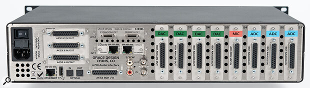 In contrast to the calm of the front panel, there’s a lot going on at the rear of the m701. The eight vertical slots (S1‑S8) can take any combination of eight‑channel line input (A‑D), eight‑channel line output (D‑A), or four‑channel mic input cards, to suit the user’s requirements. The two horizontal slots to the left of these take the high channel‑count digital I/O cards — any two from Dante, Ravenna, DigiLink or USB. Currently, the leftmost slot can be filled with 24 channels of AES3 (as shown) or left blank.