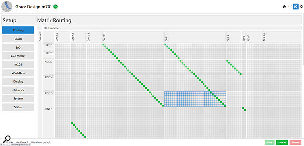 The m701 can be controlled from its own screen, or remotely from a web browser (as shown here), with identical options and screen layouts. This Routing page shows the cross‑point matrix enabling any source (left edge) to be routed to any number of destinations (top). The green squares show confirmed routing cross points.