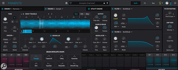 Part of the user interface for Arturia’s Pigments. The granular oscillator type offers a vast array of grain shapes (the pop‑up at lower left) that can still be skewed. Pigments also has extensive randomisation options, of almost all its key parameters.