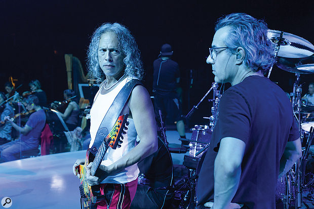 Guitarist Kirk Hammett (left) and Greg Fidelman at the Cow Palace rehearsals. In-ear monitoring was used throughout, with the intention of keeping on-stage noise to a minimum.