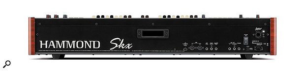 The SKX's rear panel includes connections for a USB flash drive, MIDI I/O and a Leslie speaker.