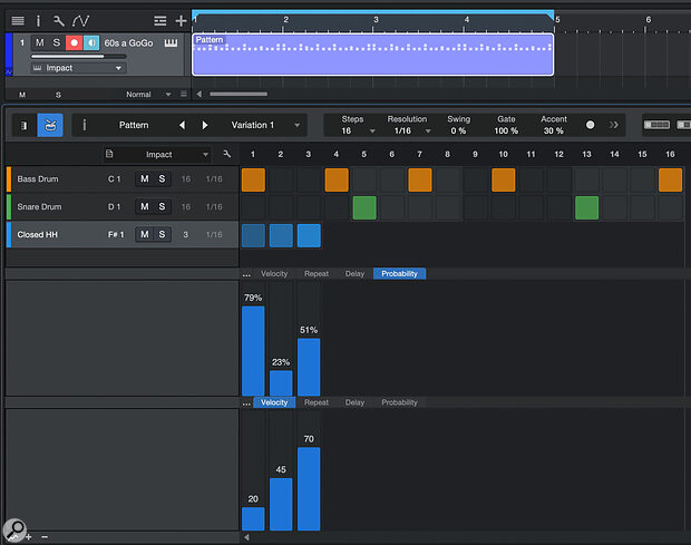 Screen 3: A looping lane of three steps generates an evolving hi‑hat part containing accented and ghost notes.