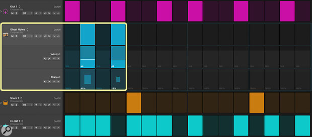 Screen 4: A looping four‑step lane incorporating low velocities and low chance generates random ghost notes.