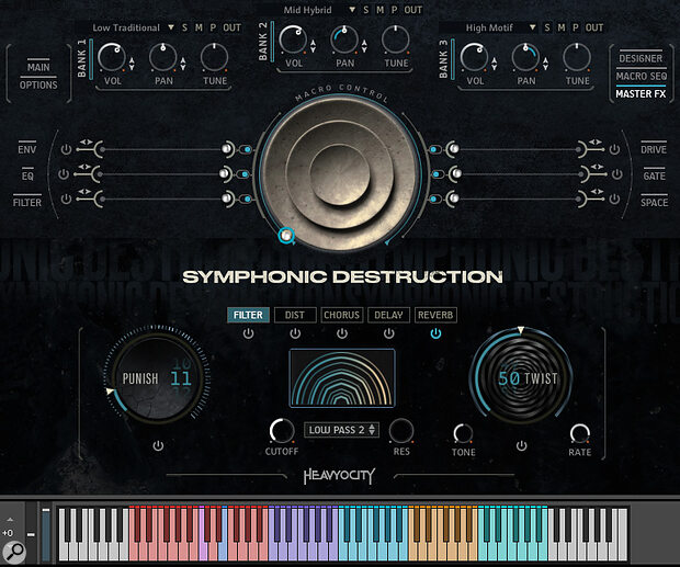 The SD Loop Designer instrument displays Heavyocity’s trademark Punish and Twist master effects, the macro knob and a mixer for three loop banks. Thirty‑six loops are mapped across three colour‑coded keyboard zones — you can play them individually by pressing the blue, yellow and green keys, or trigger three loops simultaneously with the mauve keys. Pink keyswitches determine the loops’ pitch.