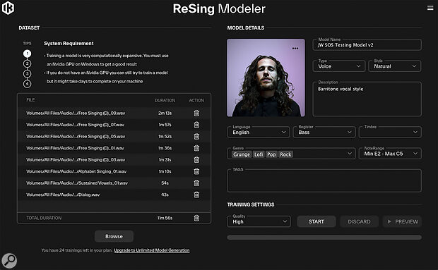 The ReSing Modeler app lets you train your own voice models for use within ReSing.