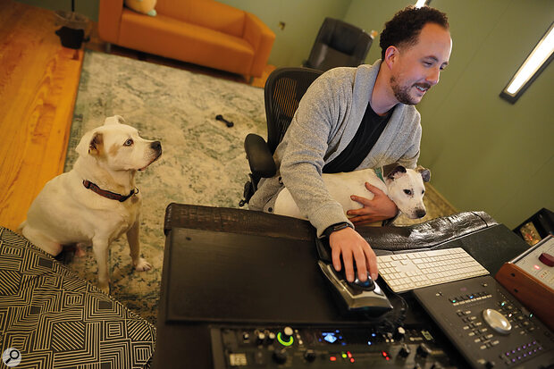 Morris mixing at his “comfy new studio” in Memphis, with his two woofers.