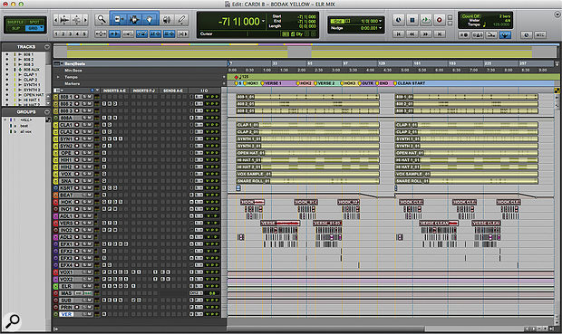 The full Pro Tools Edit window for the final mix of ‘Bodak Yellow’.