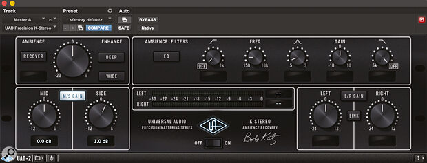 On the master bus, the UAD K‑Stereo plug‑in provides some subtle stereo widening.