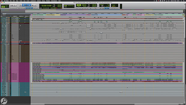 The entire Live Aid set was mixed from a single Pro Tools session. At the top are the original audio files transferred from the tape multitrack; the lower half of the session contains stems re-recorded into Pro Tools. [See righthand sidebar for downloadable ZIP file of a hi-res screenshot.]