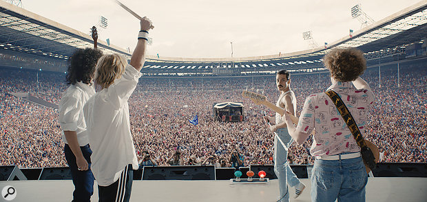 Left-right: Gwilym Lee (Brian May), Ben Hardy (Roger Taylor), Rami Malek (Freddie Mercury) and Joe Mazzello (John Deacon) recreate Queen's legendary Live Aid concert in Bohemian Rhapsody.