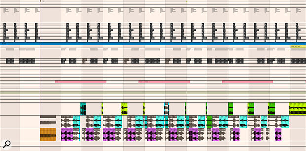 At the ideas stage, Lewis Roberts works mainly in Ableton Live. This screen shows the arrangement view for ‘Drums Of Death’.
